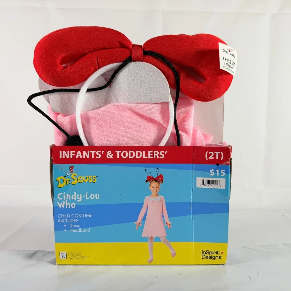 Dr Seuss Cindy Lou Who Costume Toddler Girls 2T Dress Headband Grinch NIB